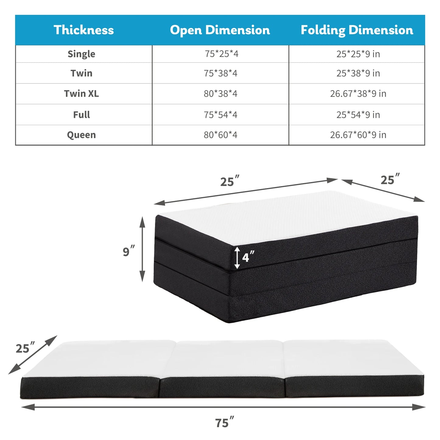 Jhk Tri-Fold Memory Foam Mattress With Washable Cover And Travel Design
