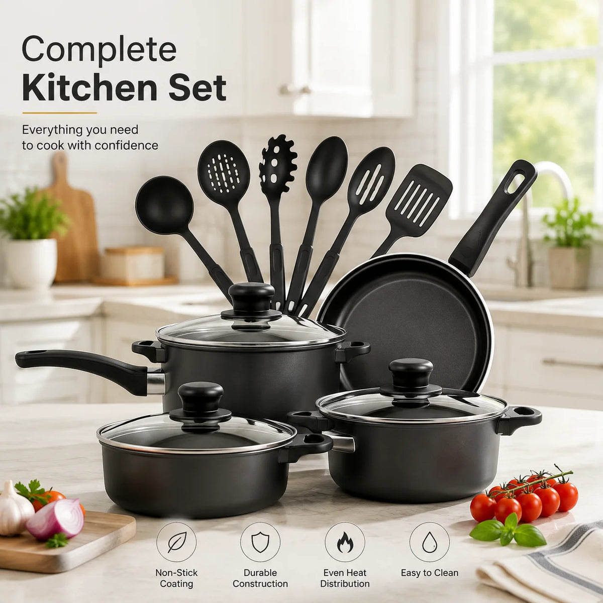 Nonstick Cookware Set With Glass Lids And Kitchen Utensils