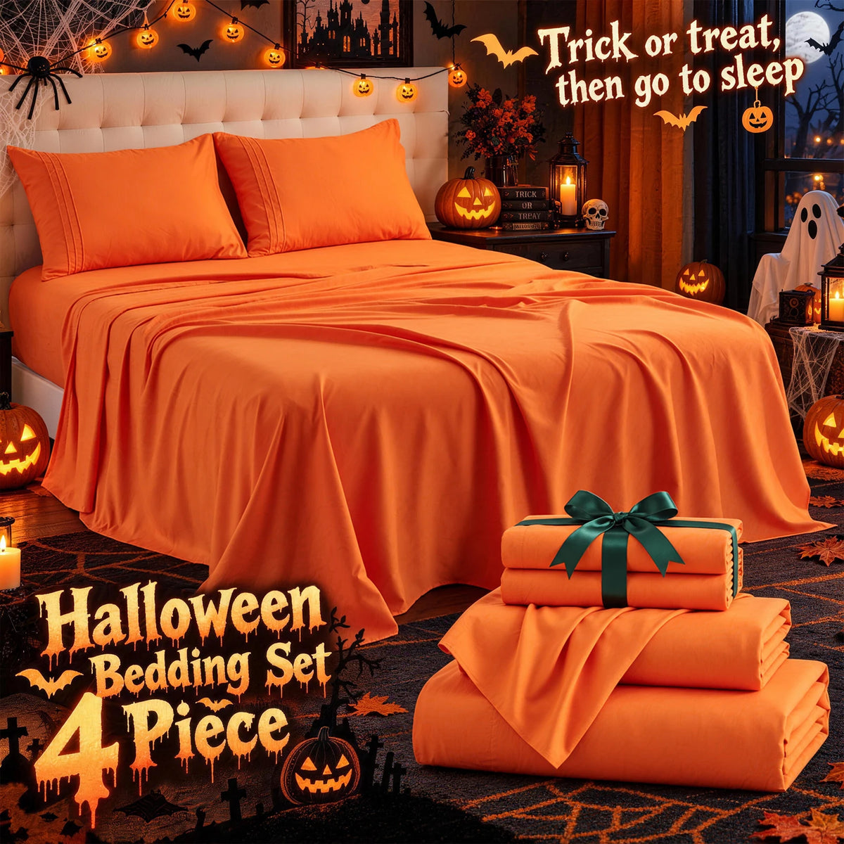 4 Piece Halloween Bedding Set, Orange Ultra Fine Fiber Bed Sheet Set, Skin-Friendly Anti-Pilling, Soft All Season Machine Washable Bed Linens, Holiday Bedroom Decor & Gift