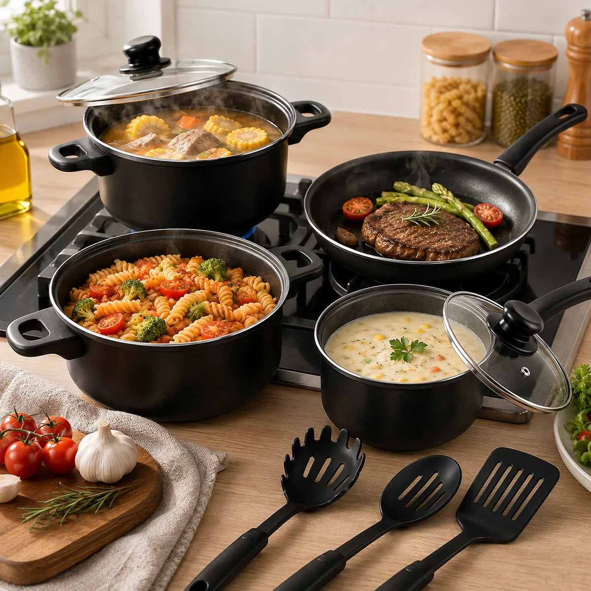 Nonstick Cookware Set With Glass Lids And Kitchen Utensils