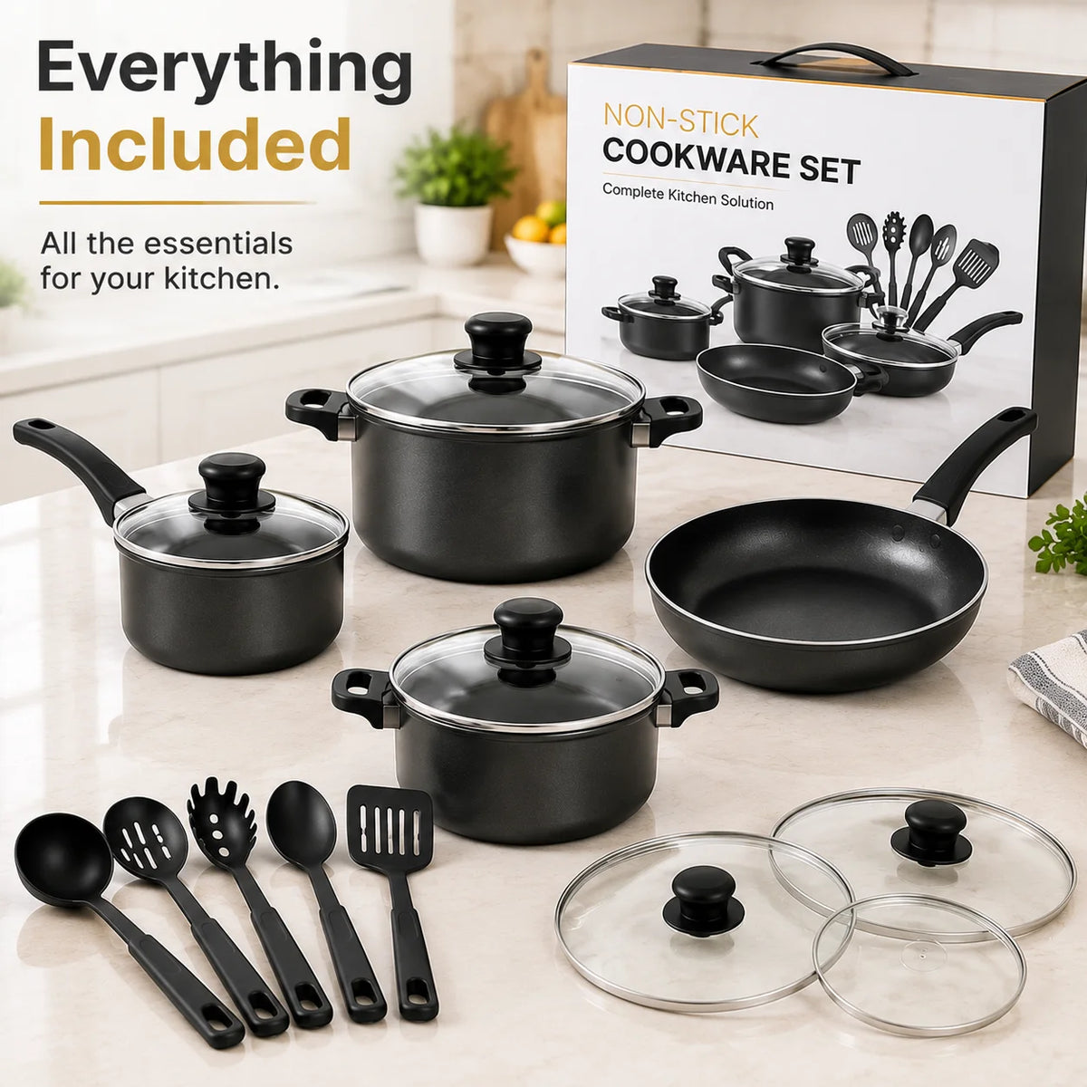 Nonstick Cookware Set With Glass Lids And Kitchen Utensils