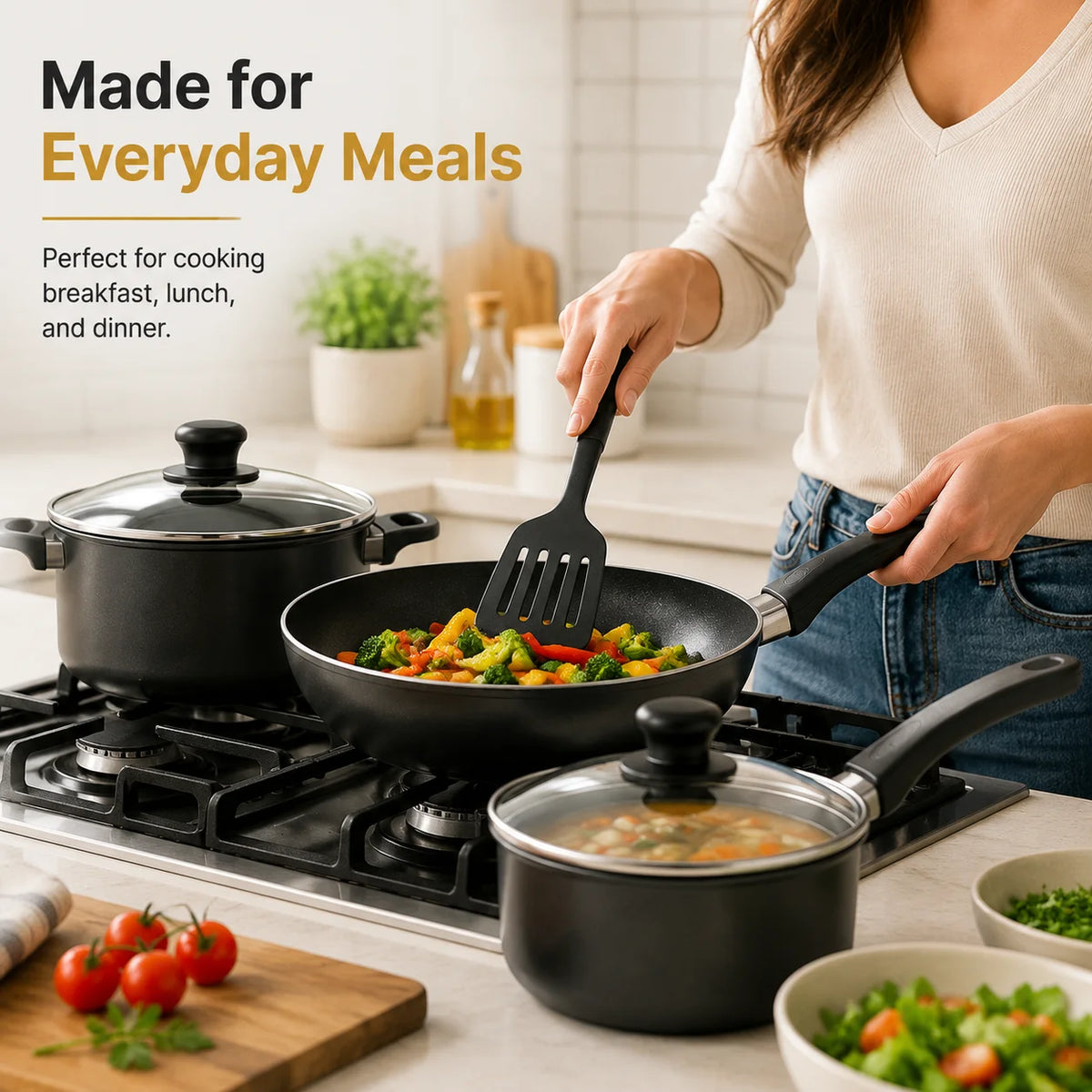 Nonstick Cookware Set With Glass Lids And Kitchen Utensils