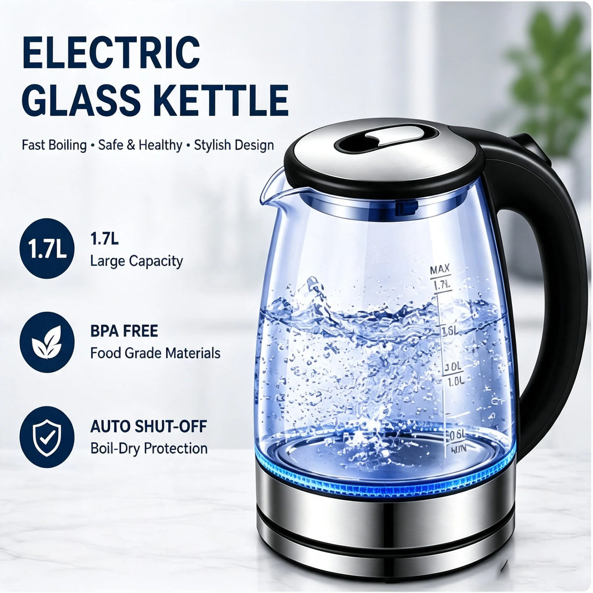 Electric Glass Water Kettle With Fast Boiling And Auto Shut Off