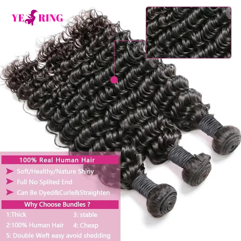 YEORING Deep Wave Brazilian Virgin Hair Bundles Remy