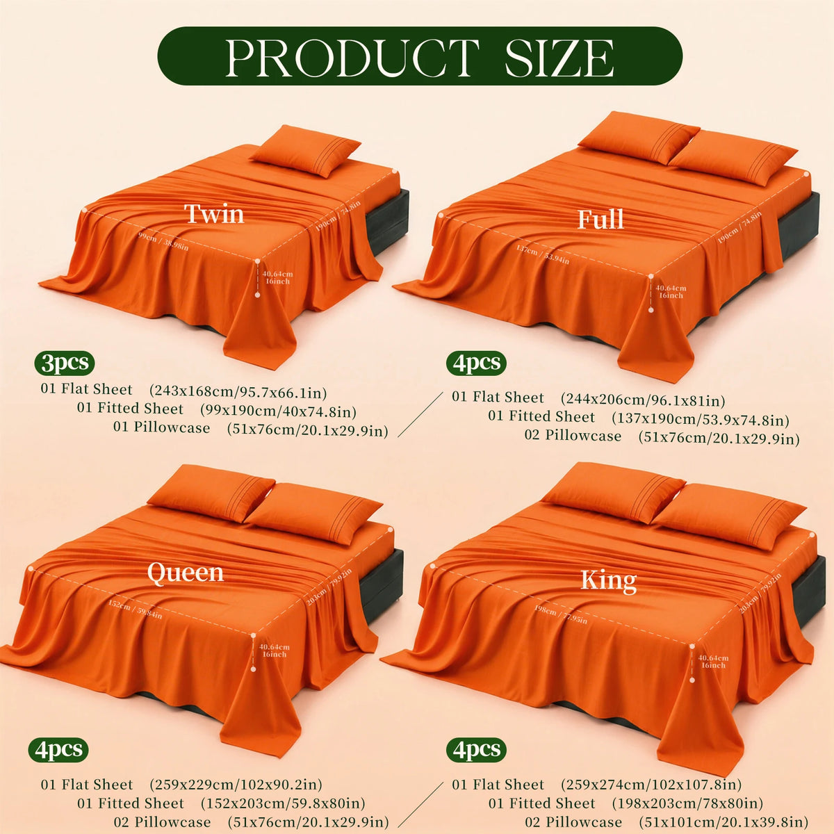 4 Piece Halloween Bedding Set, Orange Ultra Fine Fiber Bed Sheet Set, Skin-Friendly Anti-Pilling, Soft All Season Machine Washable Bed Linens, Holiday Bedroom Decor & Gift