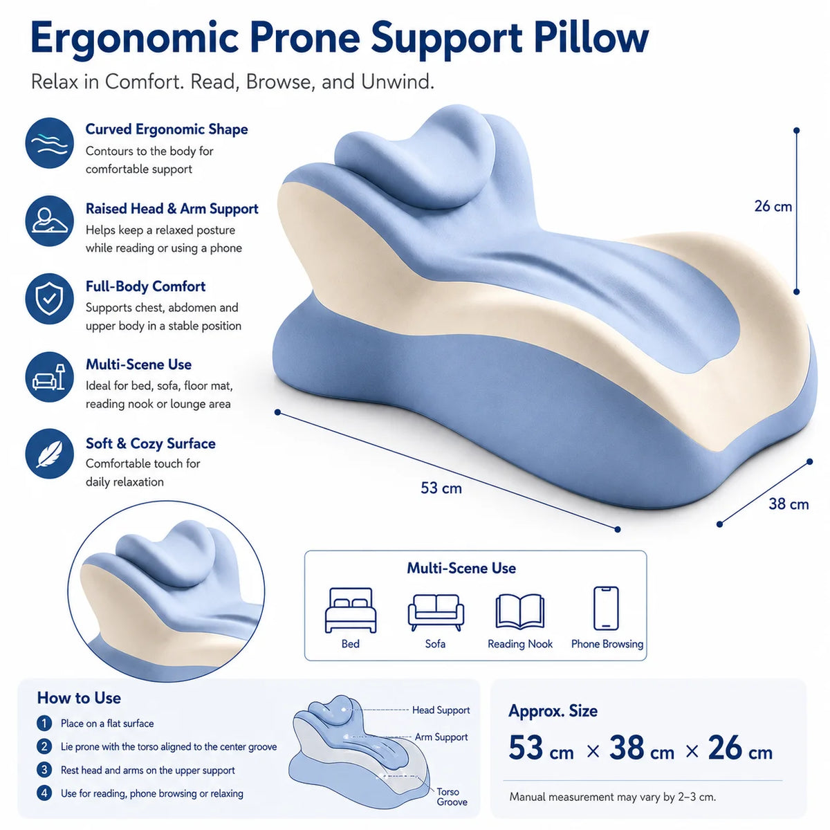 Ergonomic Memory Foam Prone Reading Pillow With Removable Headrest