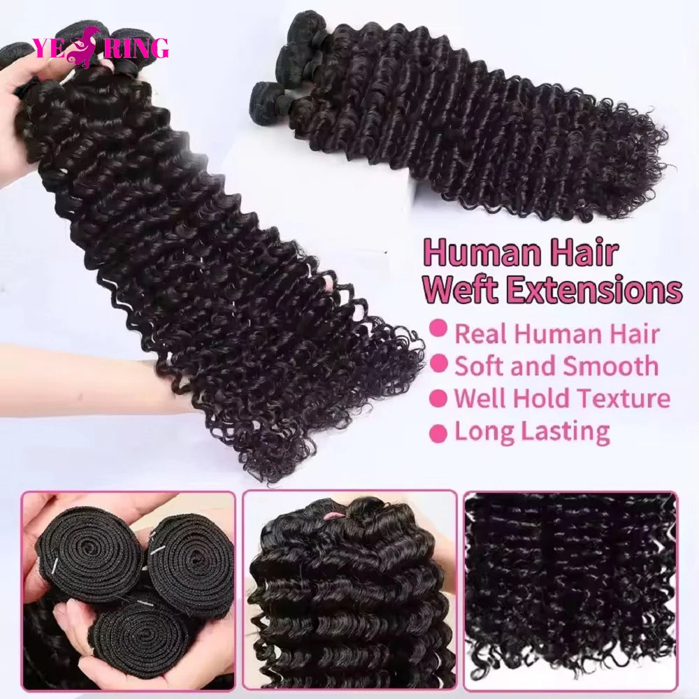 YEORING Deep Wave Brazilian Virgin Hair Bundles Remy