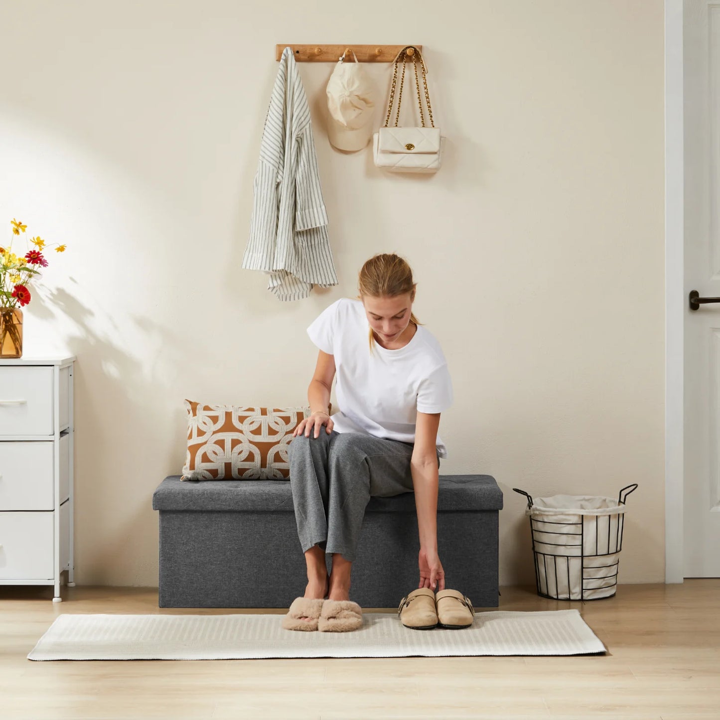 JHK Folding Storage Ottoman Bench With Hidden Storage