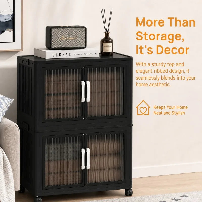 Foldable Plastic Storage Cabinet with Wheels and Double Doors