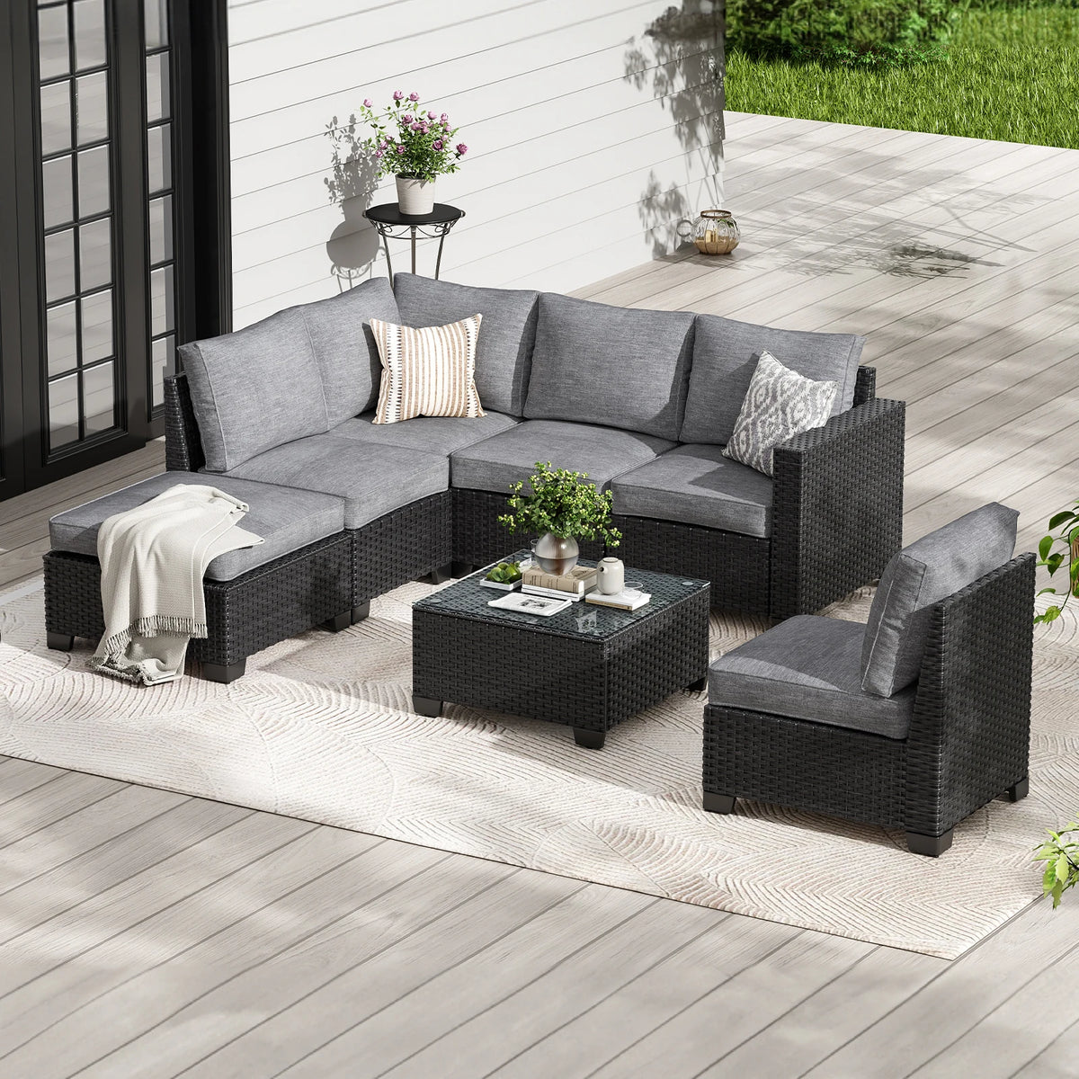 Soohow Patio Sectional Sofa Set With Ottoman Furniture Stain Resistant