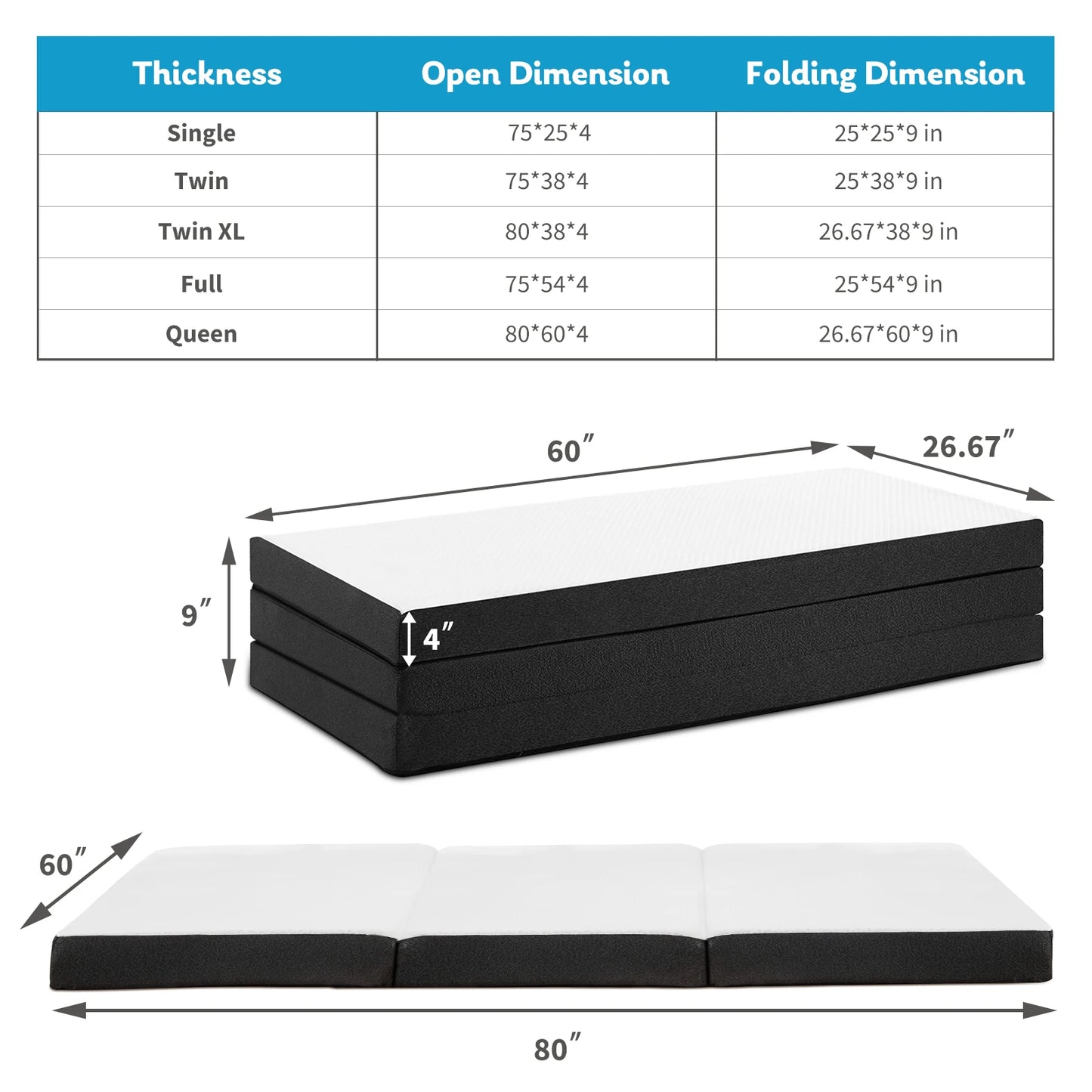 Jhk Tri-Fold Memory Foam Mattress With Washable Cover And Travel Design