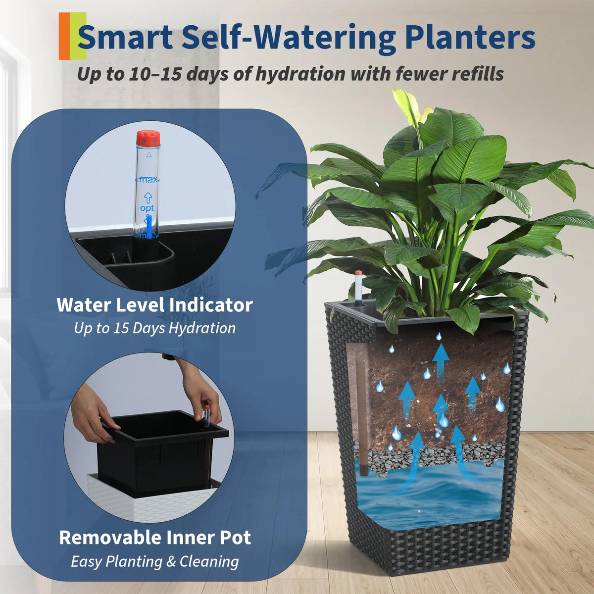 HImiss Self Watering Rattan Tall Planters For Outdoor And Indoor