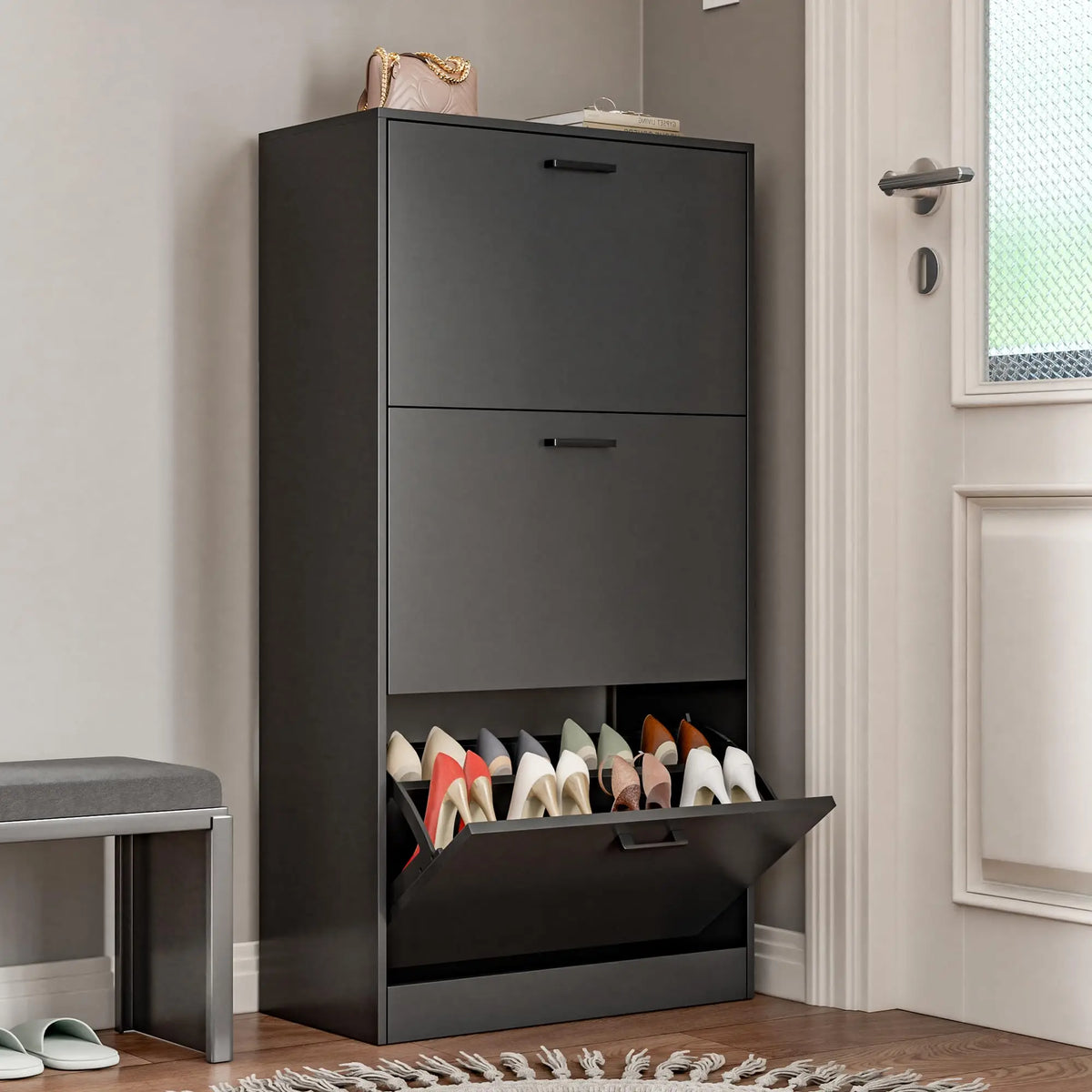 Slim Freestanding Shoe Cabinet With Flip Drawers For Narrow Spaces