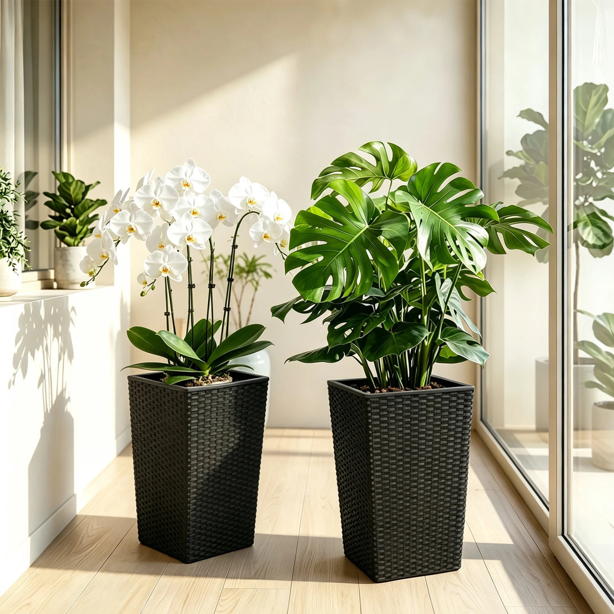 HImiss Self Watering Rattan Tall Planters For Outdoor And Indoor