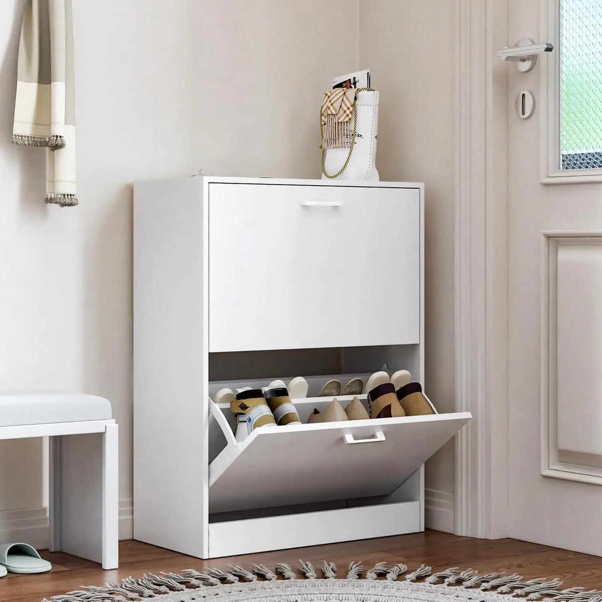 Slim Freestanding Shoe Cabinet With Flip Drawers For Narrow Spaces