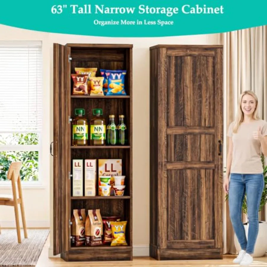 Double Door Pantry Cabinet with Shelves and Solid Wood Panels