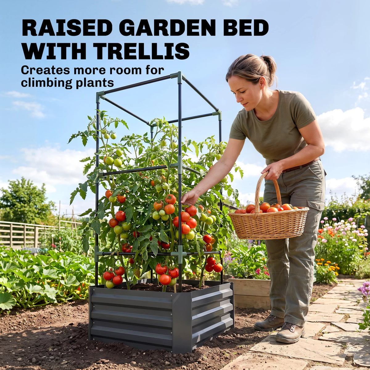 Outsunny Galvanized Raised Garden Bed with Tomato Cage and Ventilation