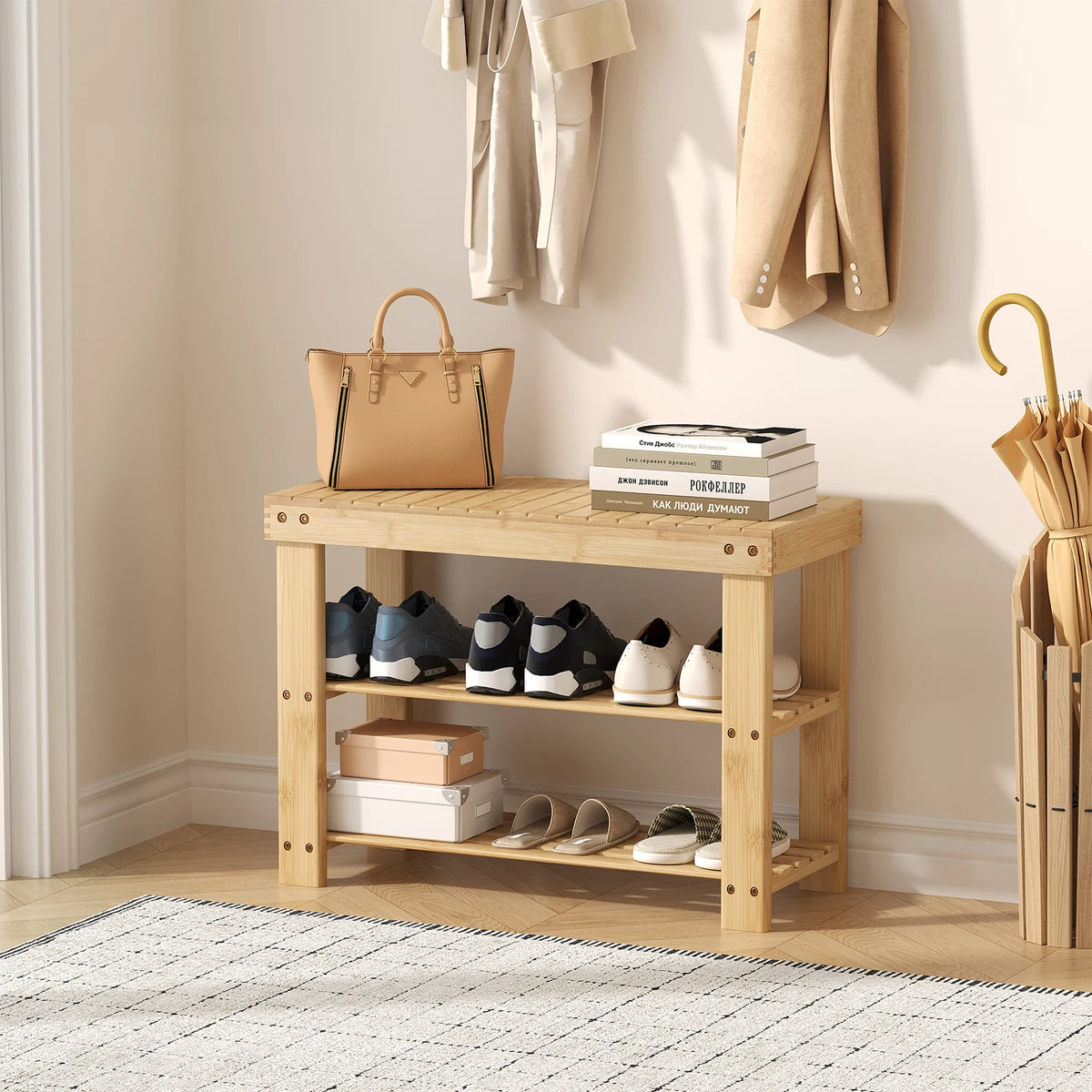 MCQ Three Tier Wood Shoe Rack With Storage Bench Entryway