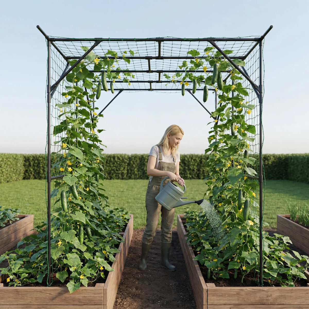 HiMiss Metal Garden Arch Trellis With Netting For Plants