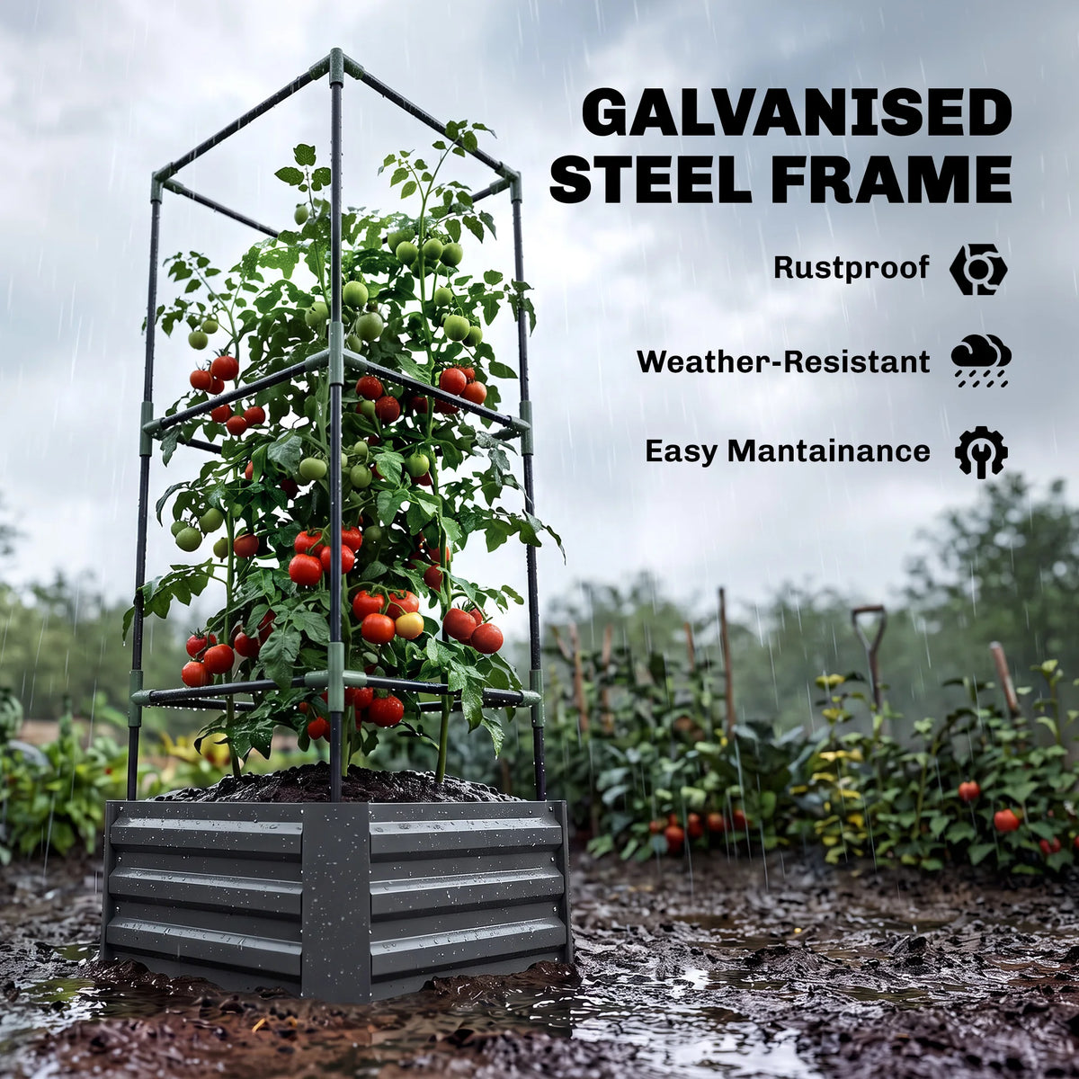 Outsunny Galvanized Raised Garden Bed with Tomato Cage and Ventilation