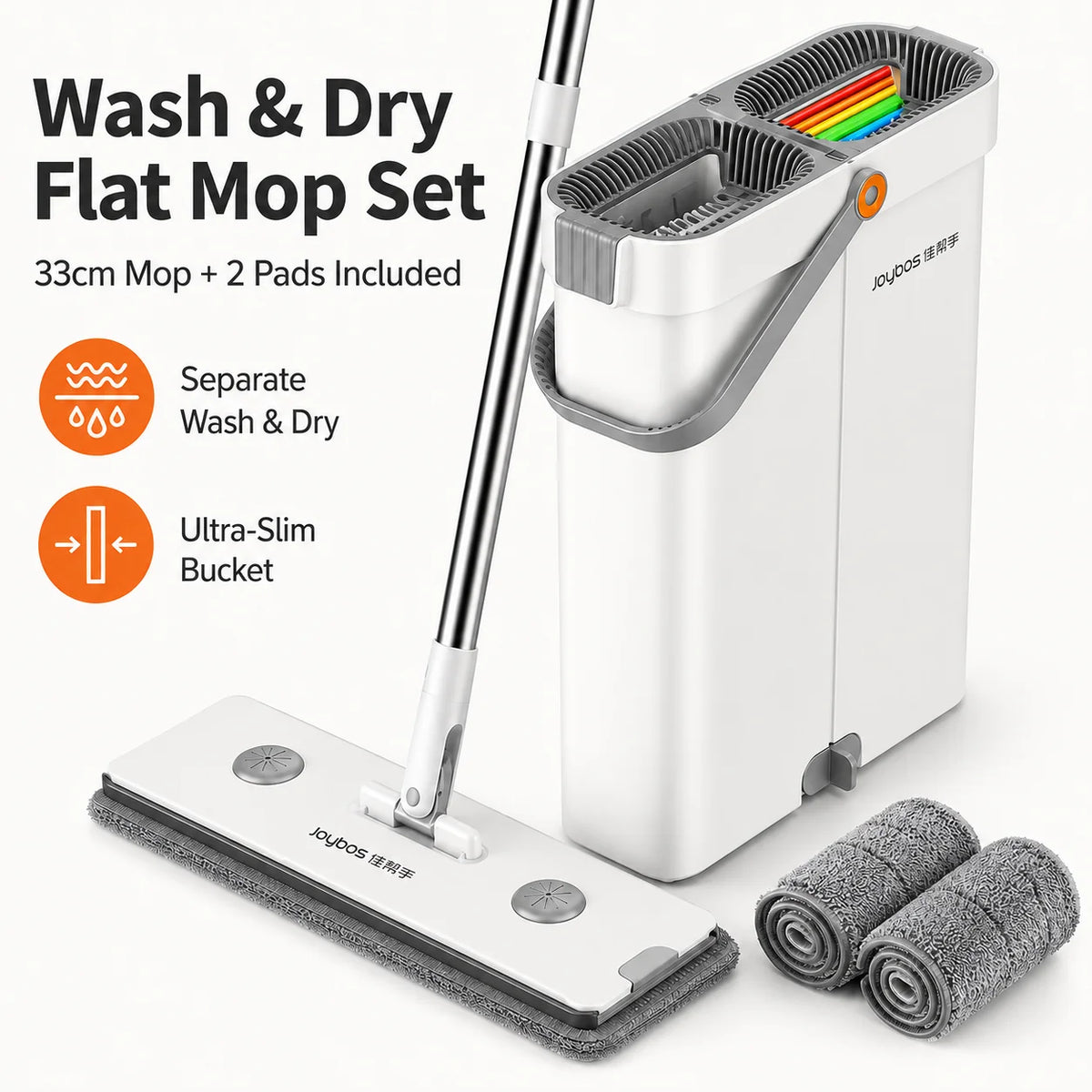 Joybos Ultra Slim Flat Mop Bucket System With Microfiber Pads