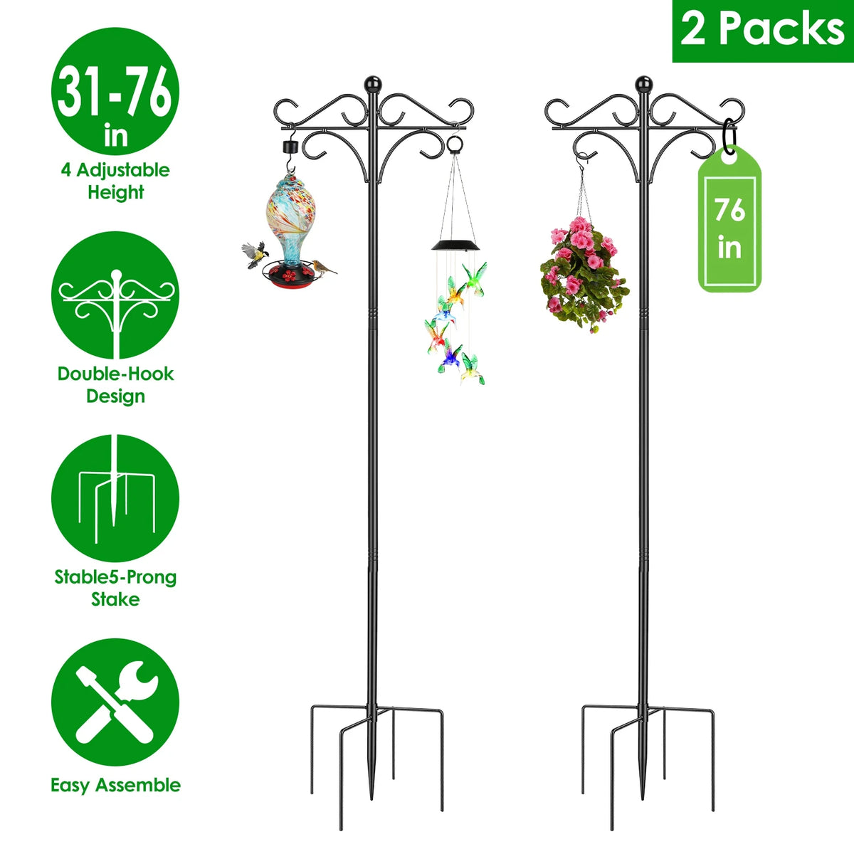 Adjustable Shepherd Hook With Five Prong Base For Garden Use