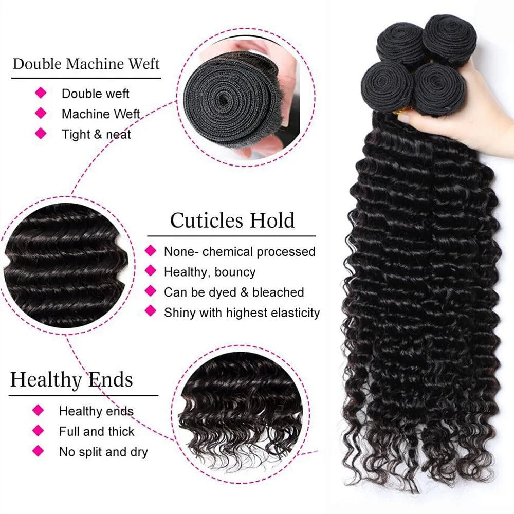 YEORING Deep Wave Brazilian Virgin Hair Bundles Remy