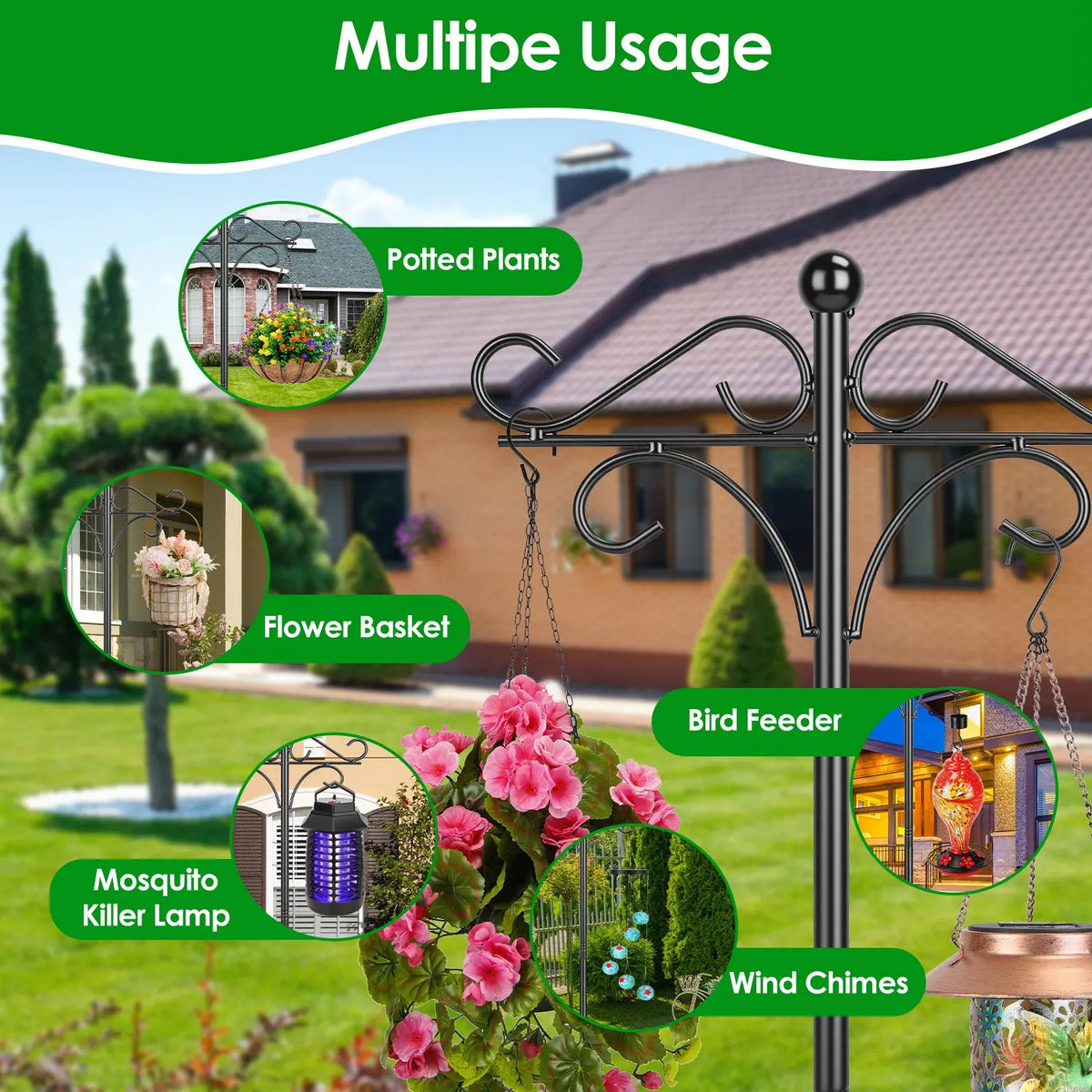 Adjustable Shepherd Hook With Five Prong Base For Garden Use