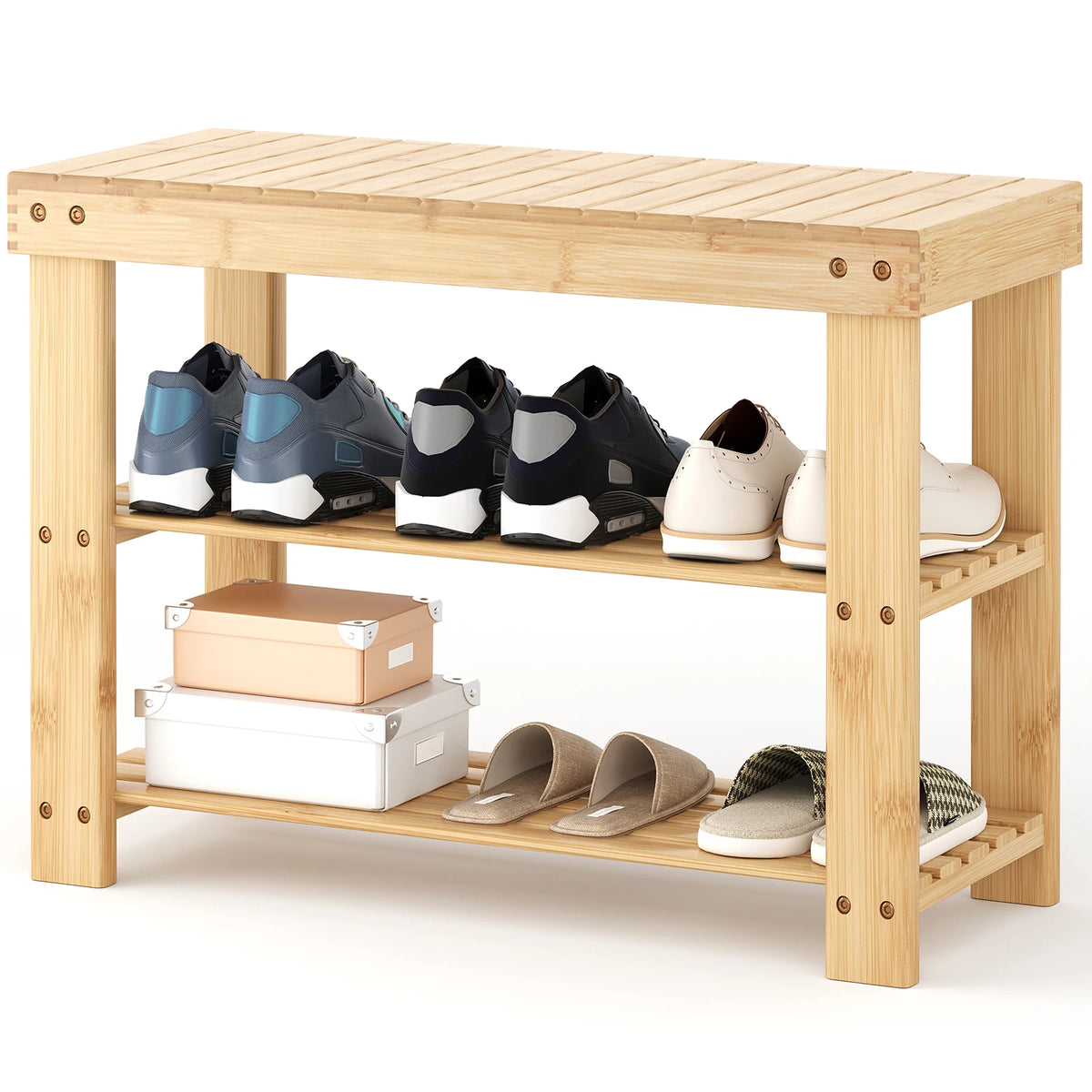 MCQ Three Tier Wood Shoe Rack With Storage Bench Entryway