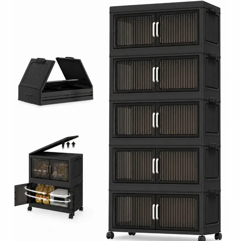 Foldable Plastic Storage Cabinet with Wheels and Double Doors