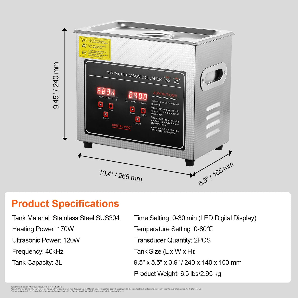 SucceBuy Portable Ultrasonic Cleaner Stainless Steel Digital Cleaning Machine