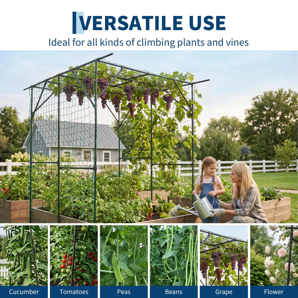 HiMiss Metal Garden Arch Trellis With Netting For Plants