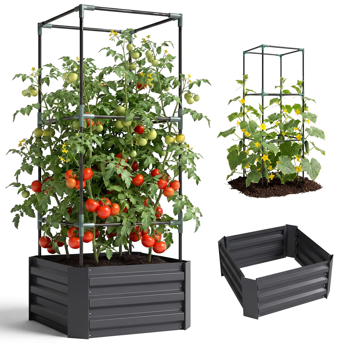 Outsunny Galvanized Raised Garden Bed with Tomato Cage and Ventilation