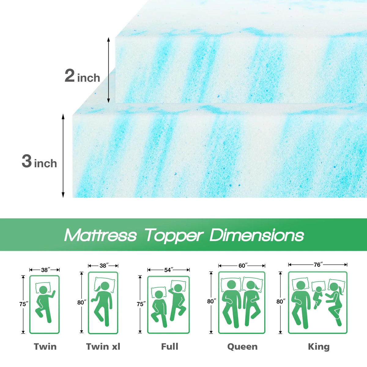 JHK Memory Foam Mattress Topper Gel Cooling Breathable Bed
