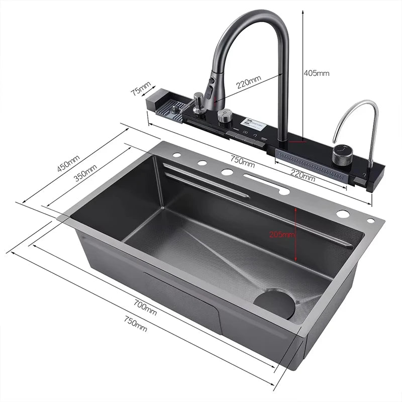 Stainless Steel Waterfall Kitchen Sink With Digital Faucet Set