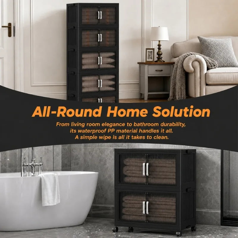 Foldable Plastic Storage Cabinet with Wheels and Double Doors
