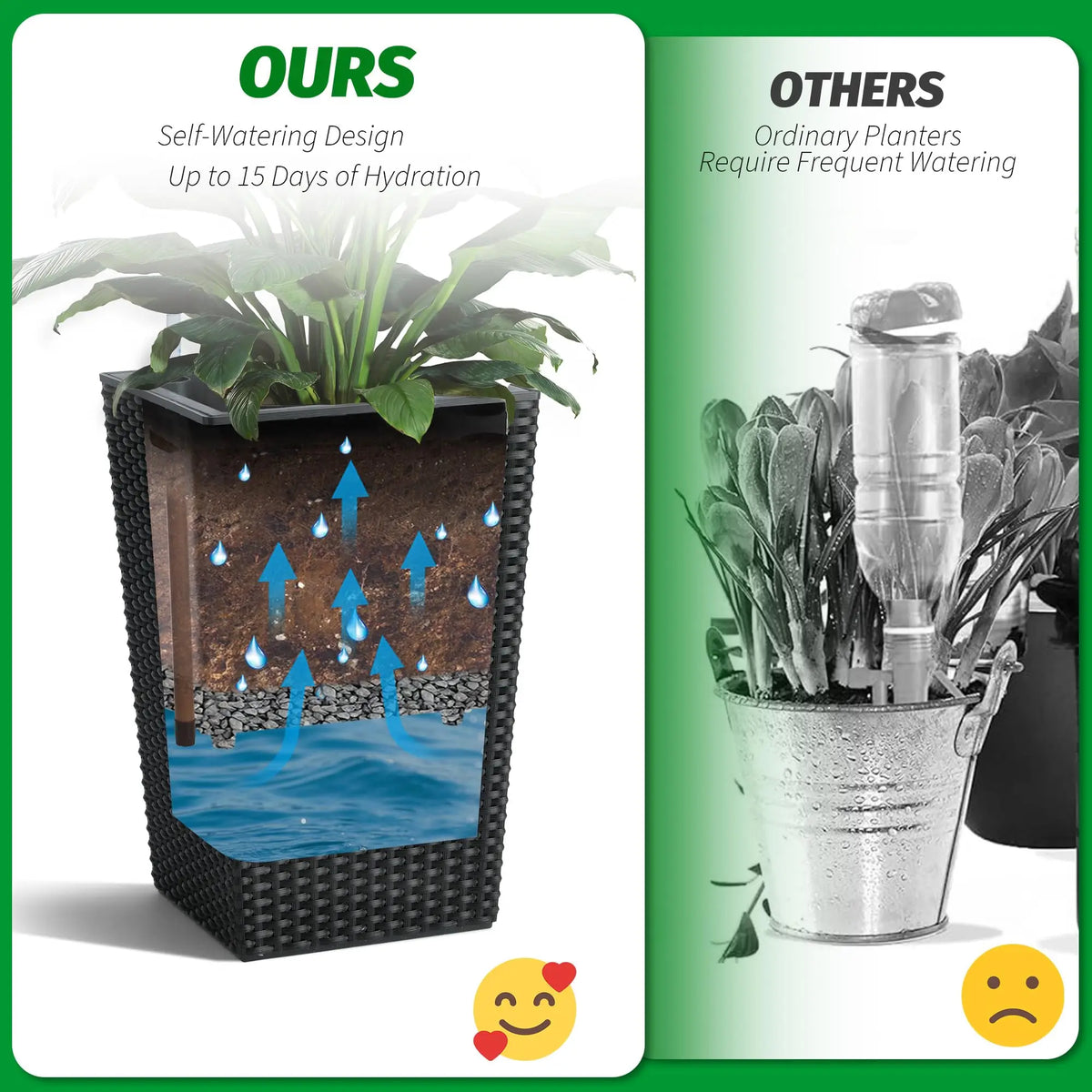 HImiss Self Watering Rattan Tall Planters For Outdoor And Indoor