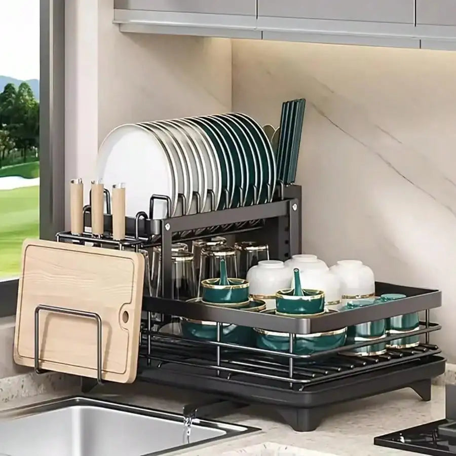 Carbon Steel Double Layer Cutlery Rack Kitchen Drainer Utensil Holder