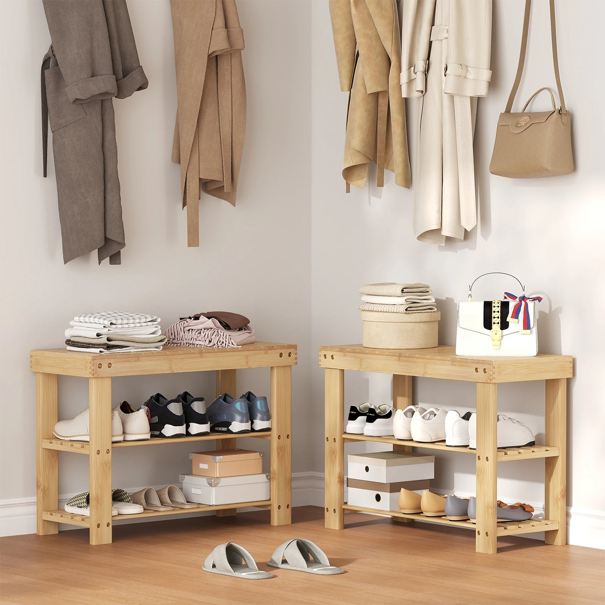 MCQ Three Tier Wood Shoe Rack With Storage Bench Entryway