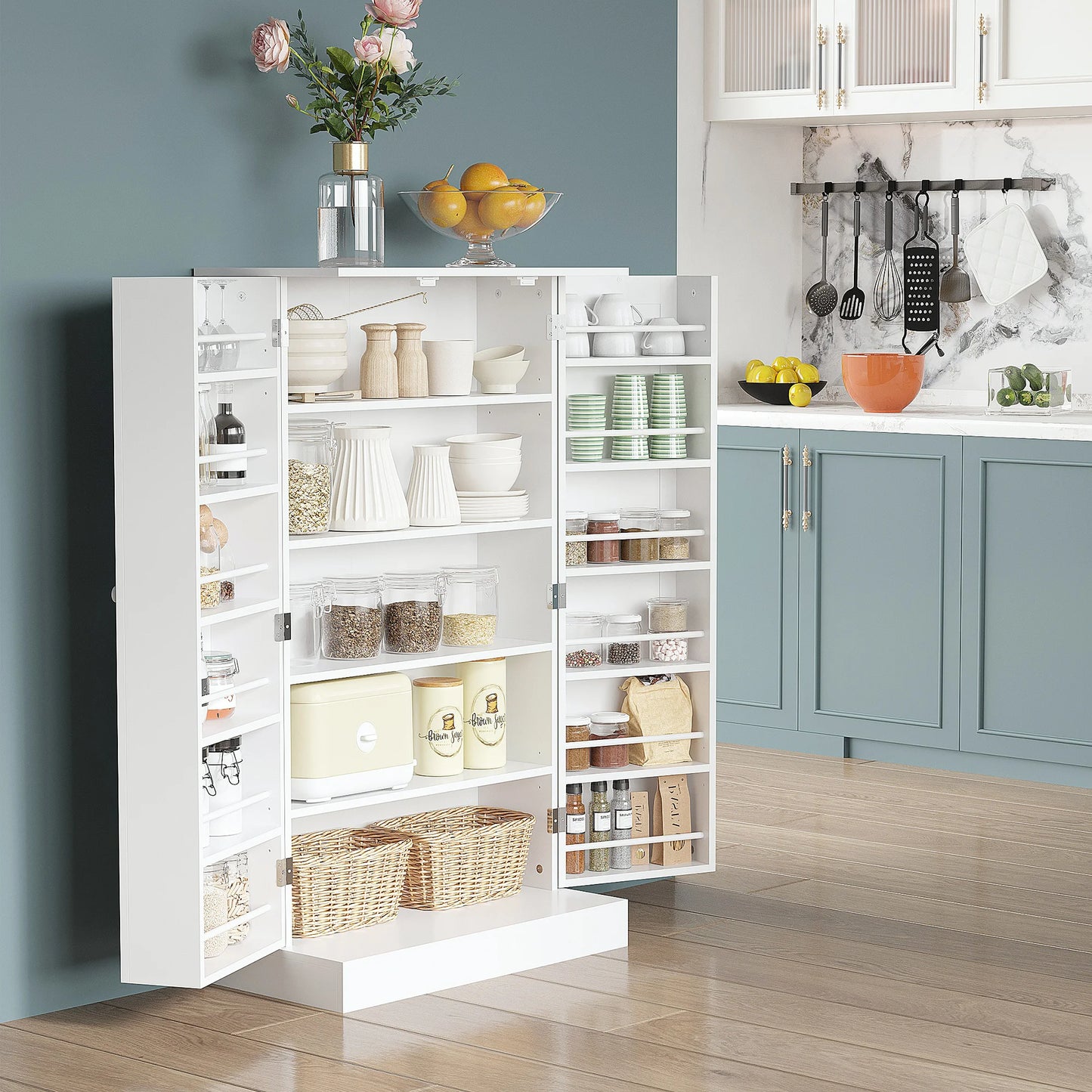 Modern Freestanding Kitchen Pantry Cabinet With Adjustable Shelves