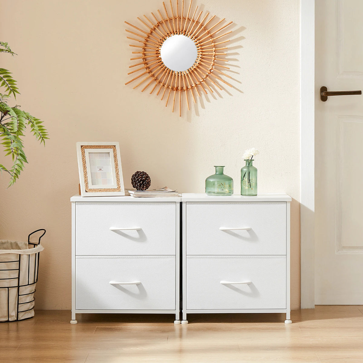 JHK Nightstand Bedside Table With Fabric Drawers