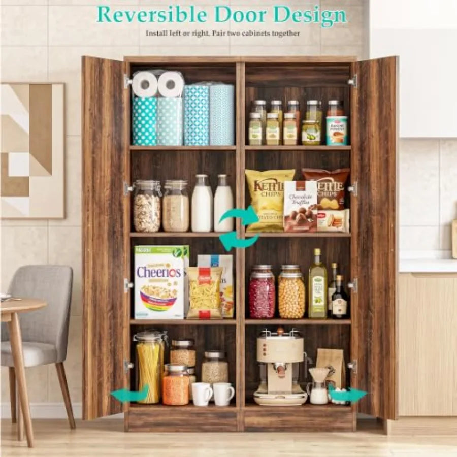Double Door Pantry Cabinet with Shelves and Solid Wood Panels