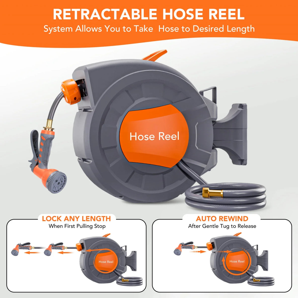 HiMISS Retractable Garden Hose Reel With Automatic Rewind And Nozzle