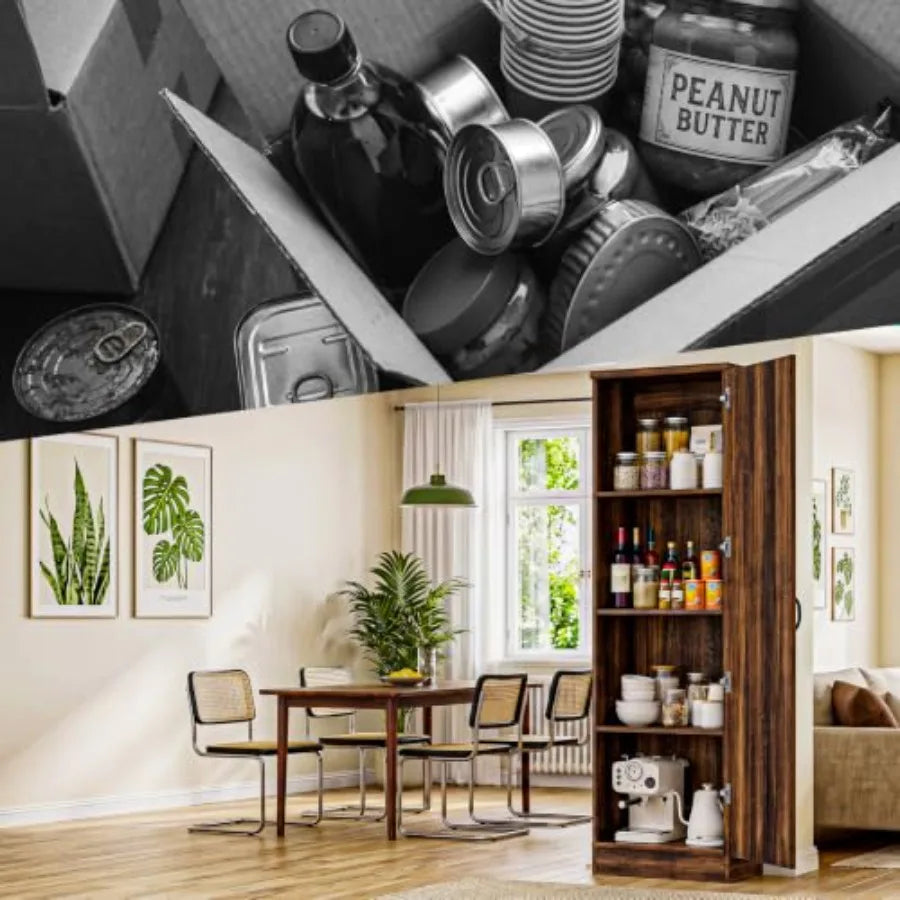 Double Door Pantry Cabinet with Shelves and Solid Wood Panels
