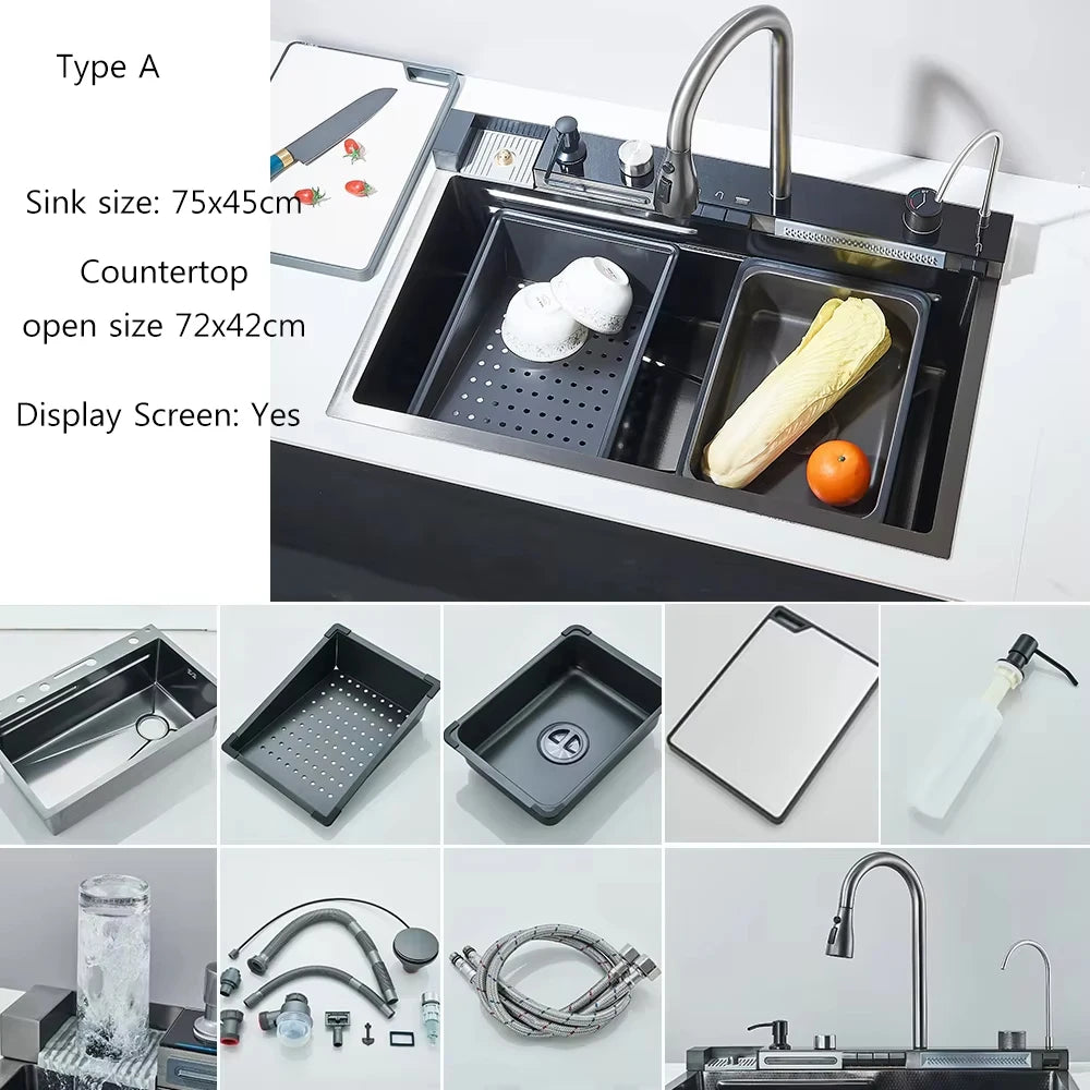 Stainless Steel Waterfall Kitchen Sink With Digital Faucet Set