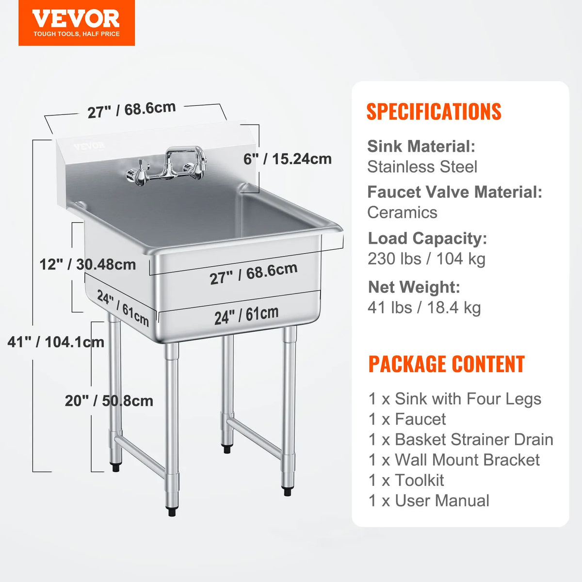 Stainless Steel Commercial Sink Single Bowl with Faucet Kitchen Utility