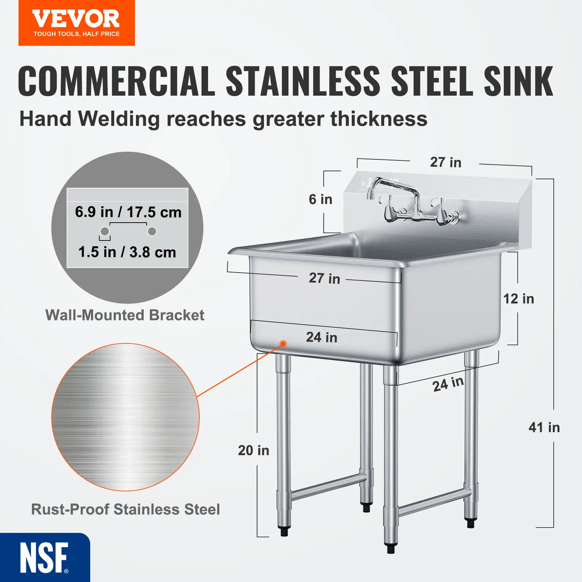 Stainless Steel Commercial Sink Single Bowl with Faucet Kitchen Utility
