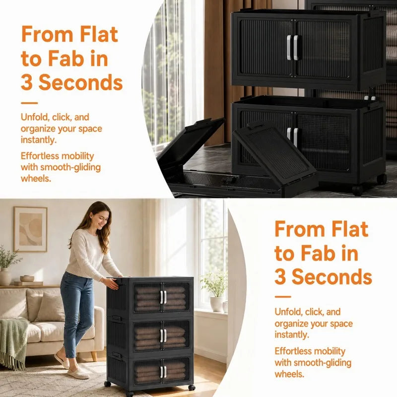 Foldable Plastic Storage Cabinet with Wheels and Double Doors