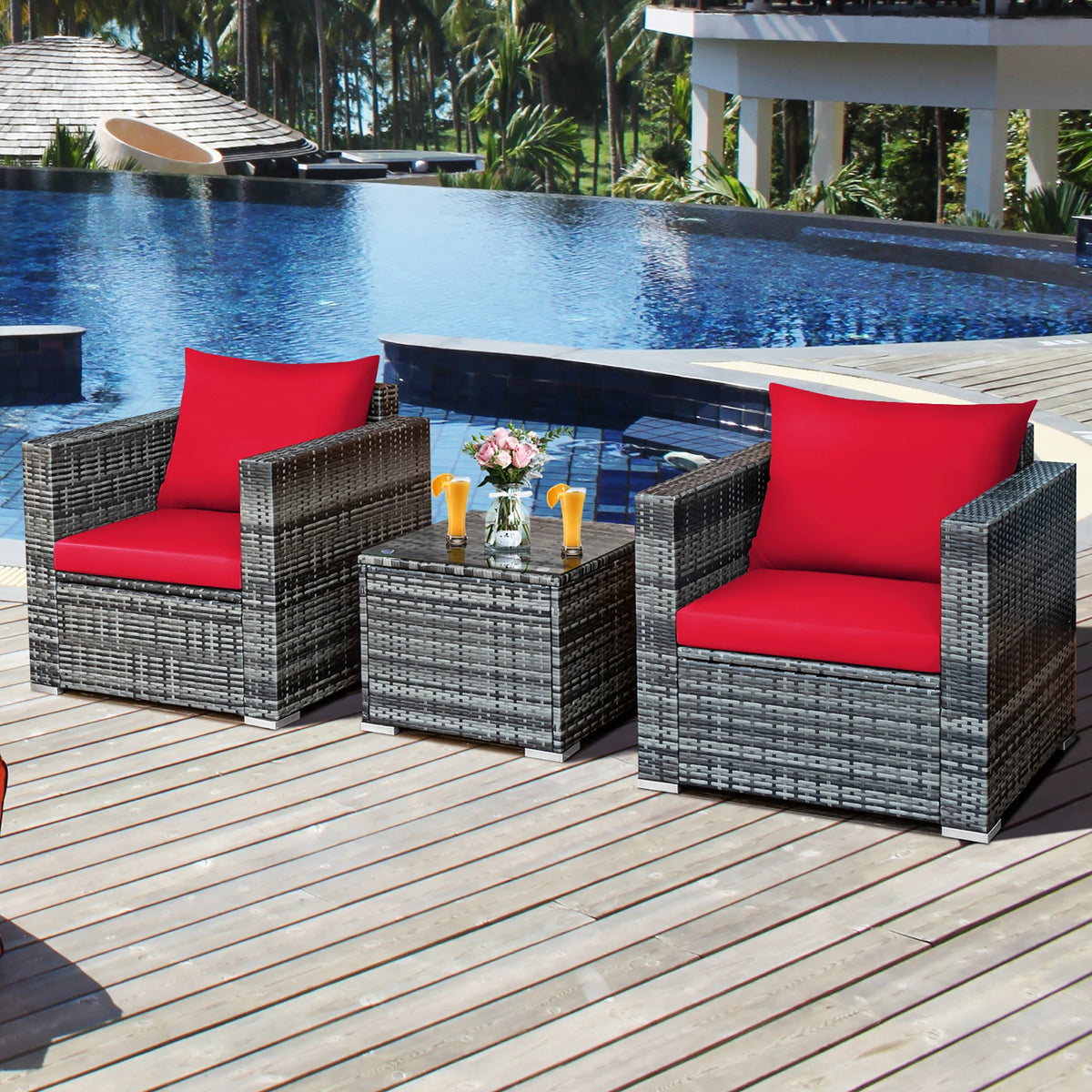 HOMASIS 3 Piece Patio Rattan Bistro Set With Cushioned Sofa Chairs Table