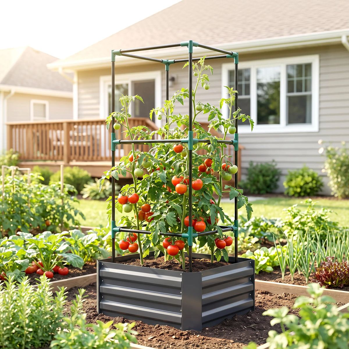 Outsunny Galvanized Raised Garden Bed with Tomato Cage and Ventilation